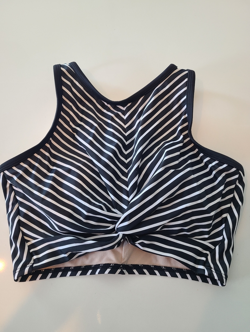Kona Sol Black and White Striped Twist-Front Swim Top in Size Medium